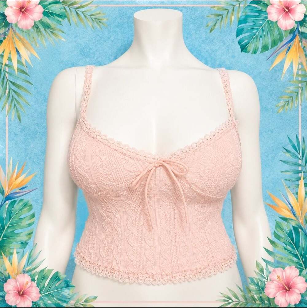 Derek Heart Pink Lace Trim Crinkle Textured Tie Front Cami Crop Top XL